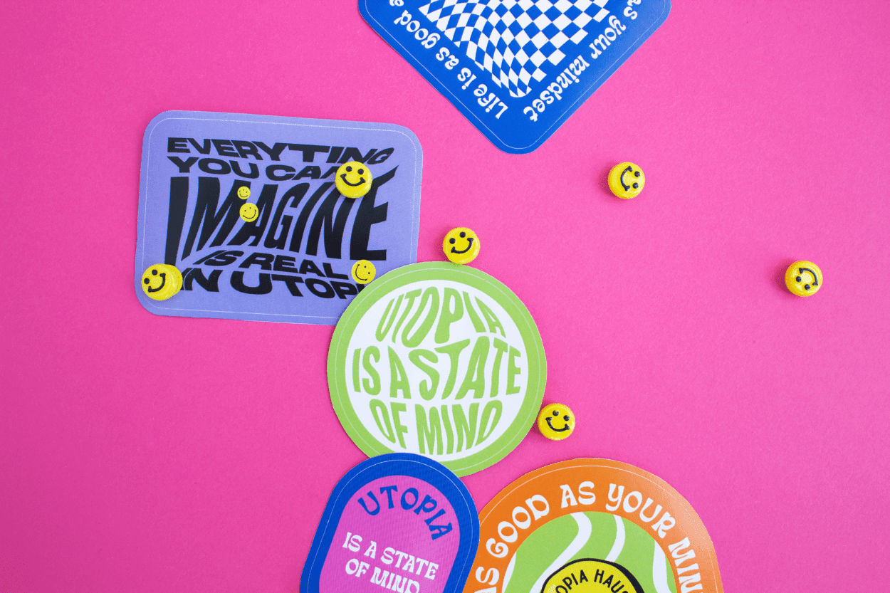 Custom Stickers 5 A variety of custom-designed stickers with different shapes and colorful patterns, ideal for branding and packaging.